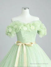 A-Line Off Shoulder Tulle Sage Green Long Prom Dresses